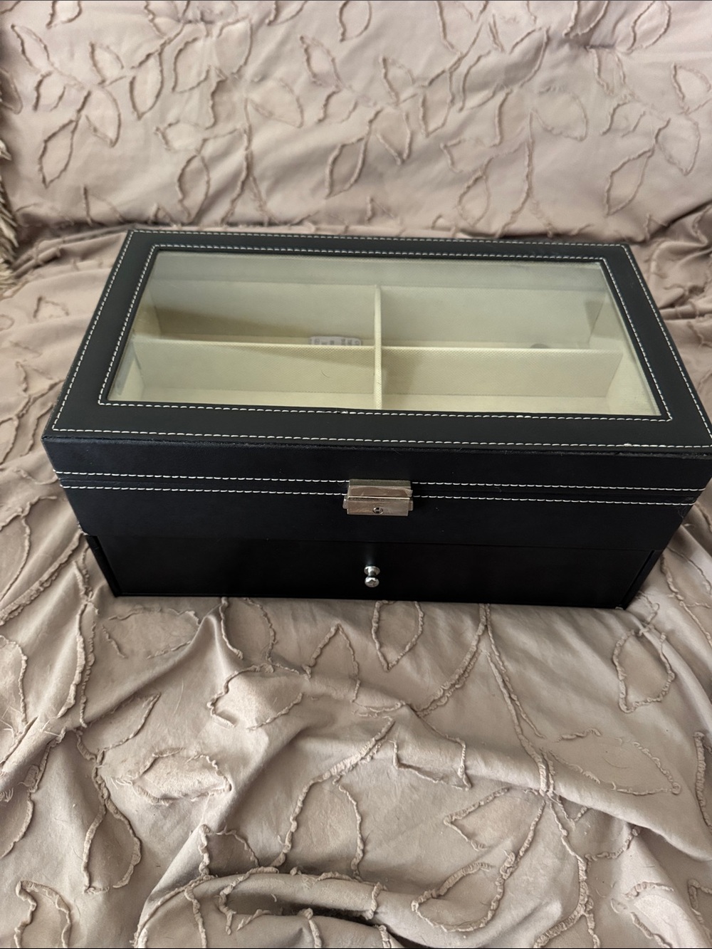 Black Jewelry Box with Glass Top and Cream Interior for sunglasses